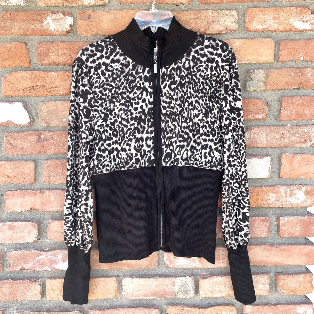 M by Marc Bouwer Blouson Sleeve Animal Print Black Ribbed Zip Front Swea…